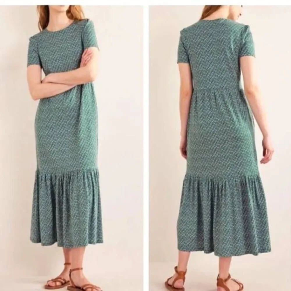 BODEN Emma Tiered Jersey Midi Dress in Bottle green sz 2R